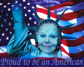 Digital Art of Susana's faced superimposed on the Statue of Liberty with the American flag in the background